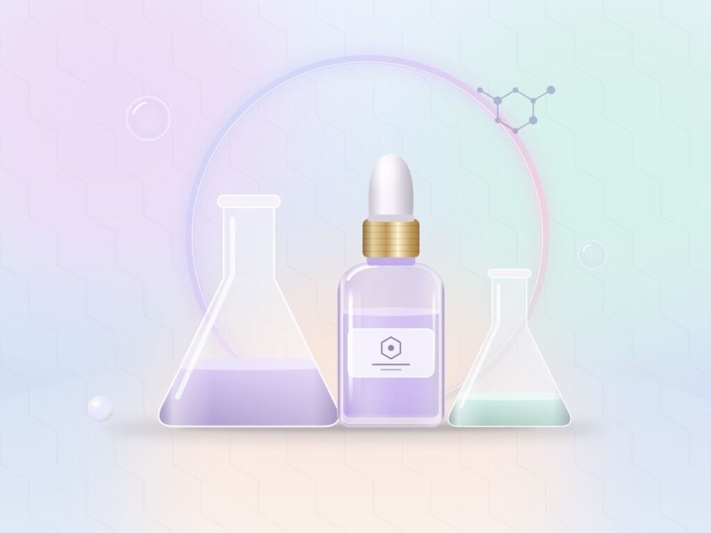 Laboratory flasks and a Peptide Lift Serum bottle