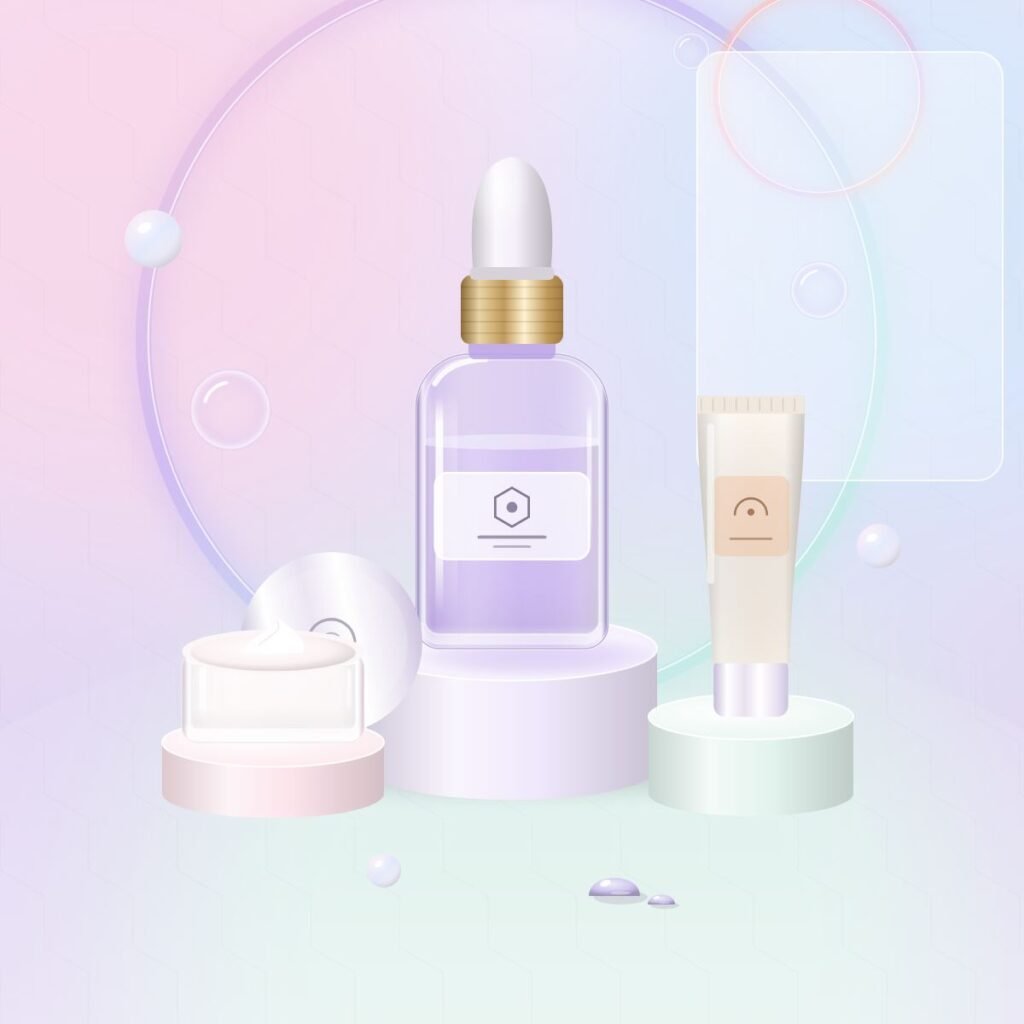 Peptide Lift Serum on a glass podium with Barrier Ceramide Cream and Invisible Veil SPF on an iridescent backdrop
