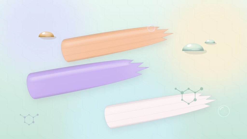 Swatches of serum, enzyme mask and ceramide cream with droplets and molecule diagrams