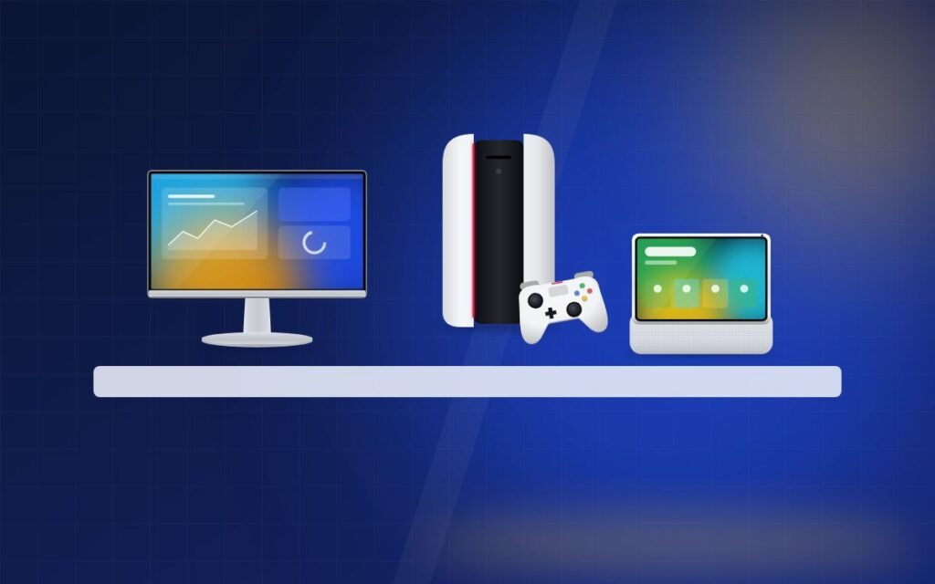 Monitor, console and smart display on a store demo table