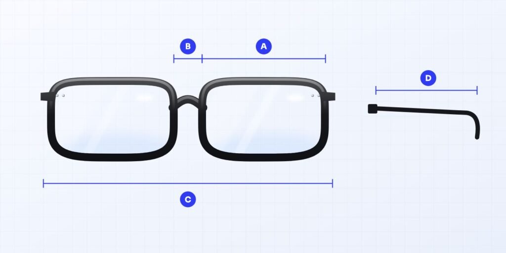 Frame measurements: A lens width, B bridge width, C frame width, D temple length