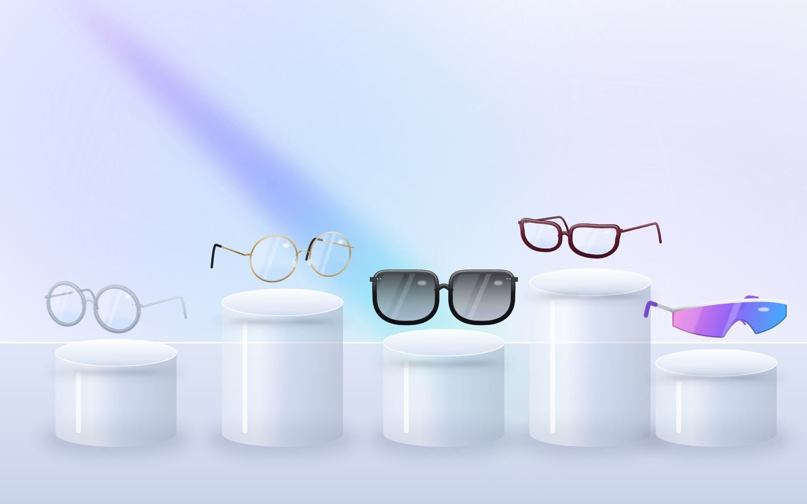 Five pairs of glasses floating above glass pedestals