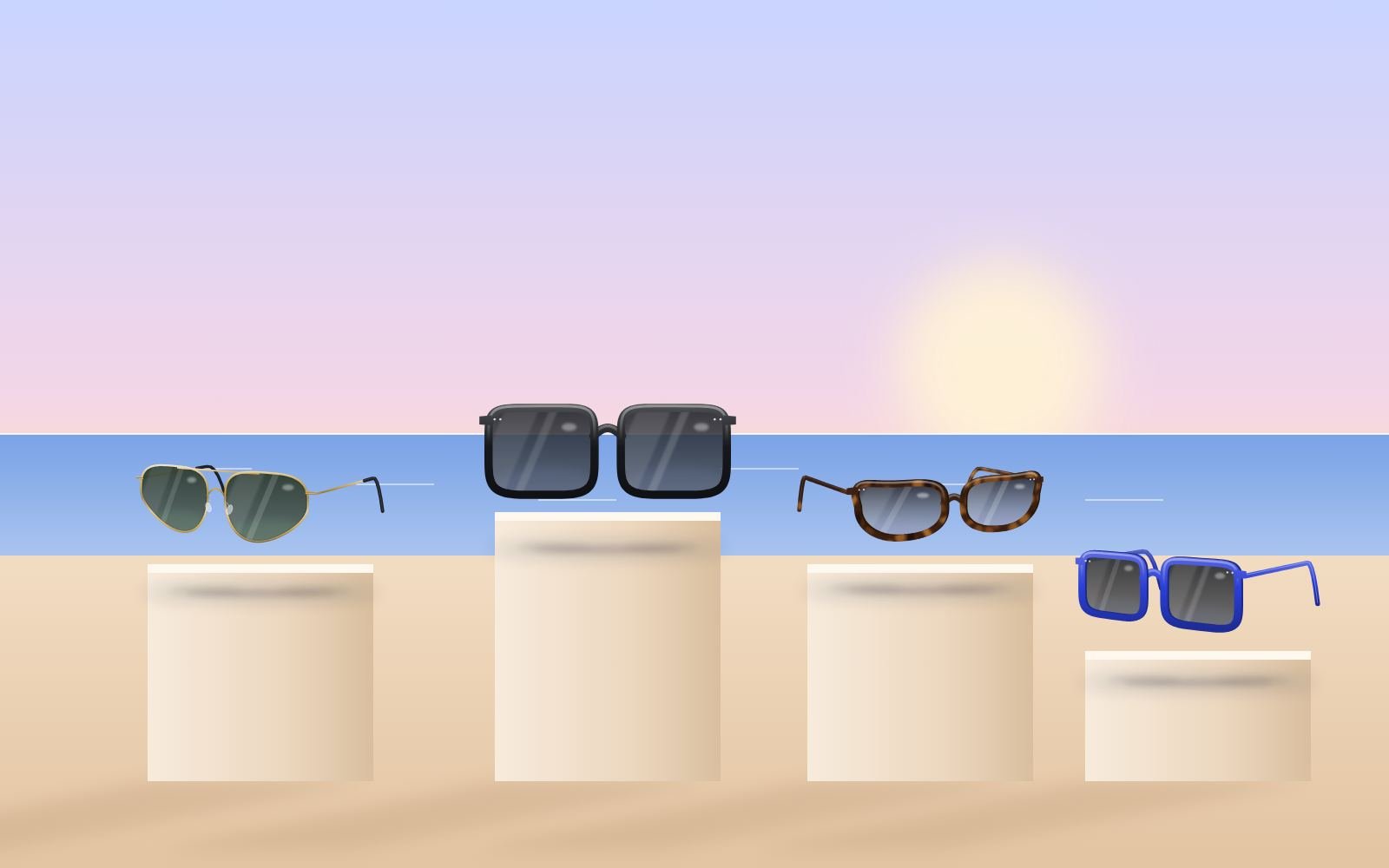 Sunglasses on stone plinths by the sea at sunset
