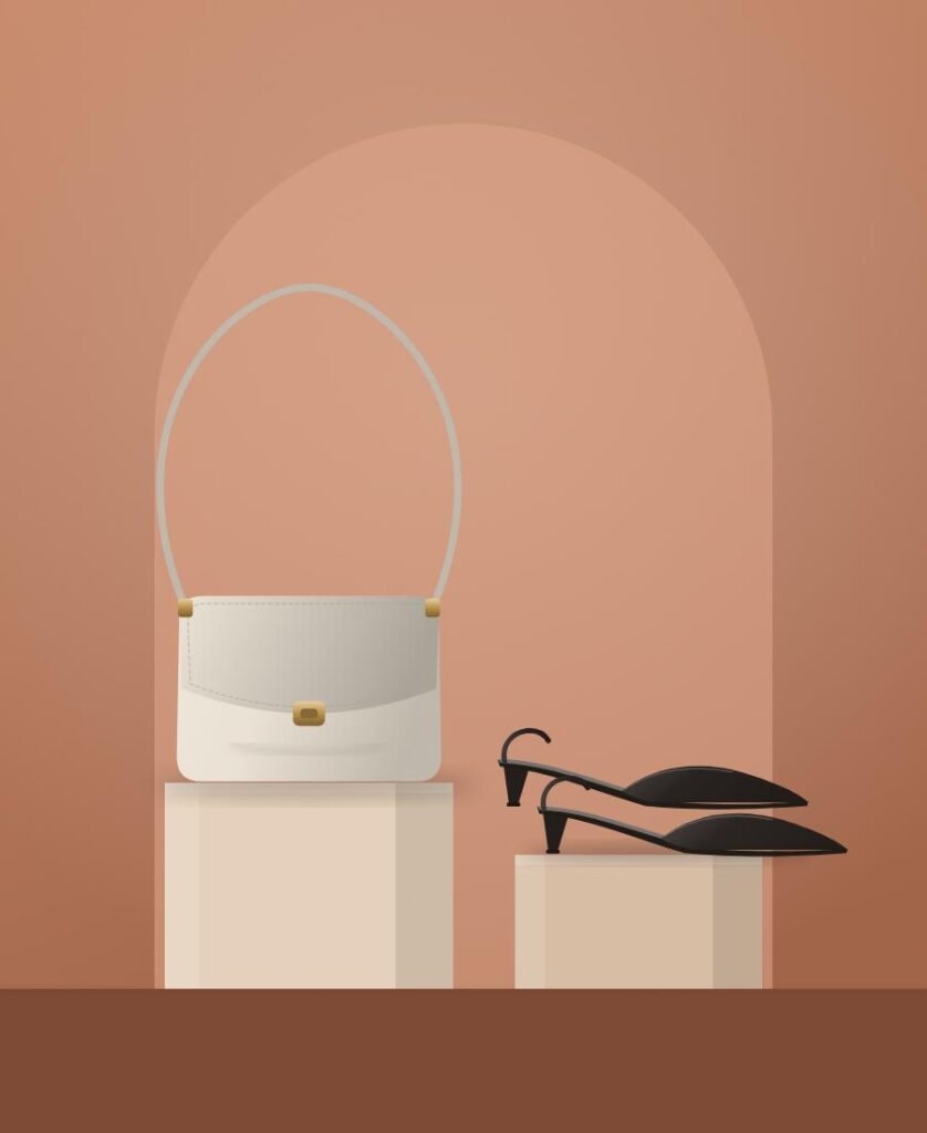 Ivory crossbody bag and black slingbacks on plinths