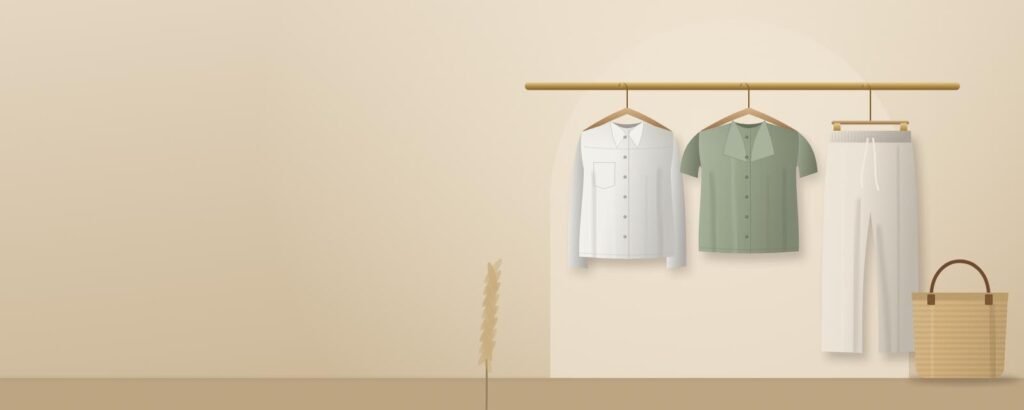 Linen shirts and trousers on a rail with a straw basket bag