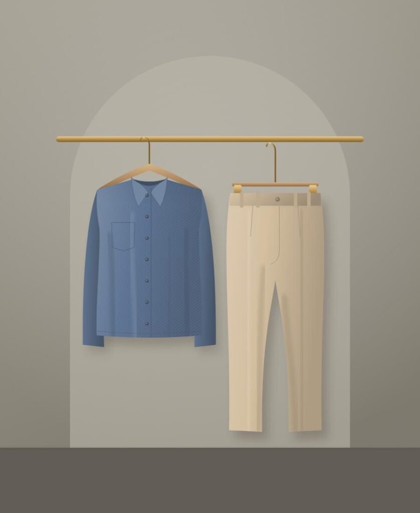 Blue oxford shirt and sand chinos on hangers
