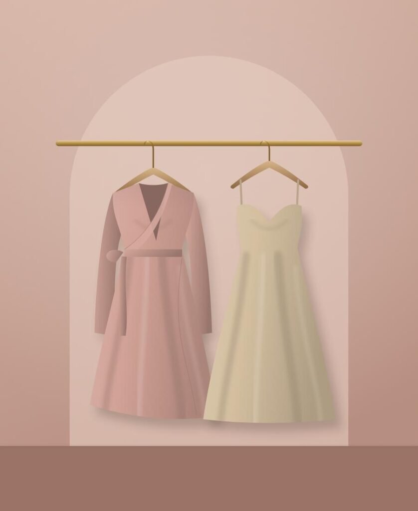 Rose wrap dress and sand slip dress on hangers