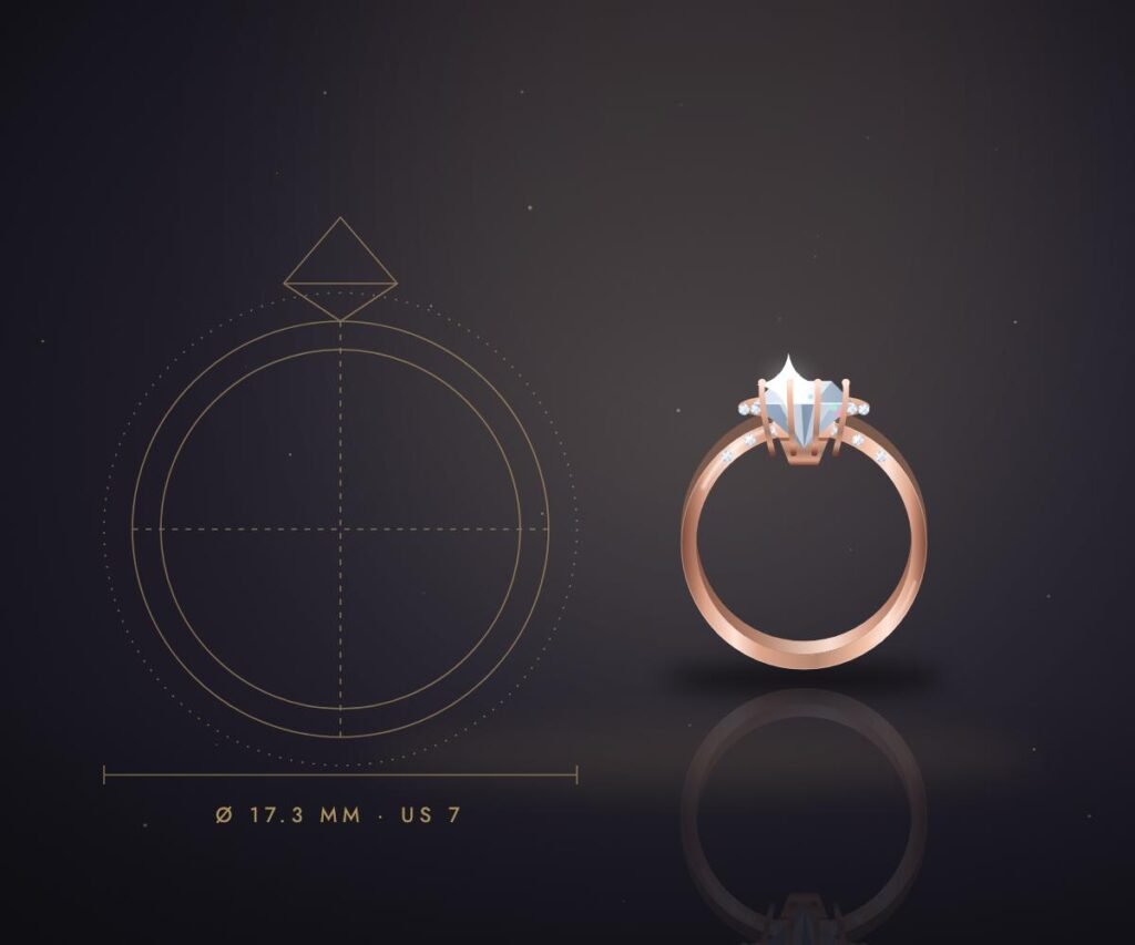 Technical drawing of a ring beside the finished halo ring