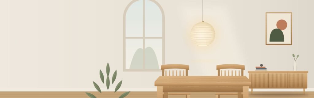 Dining room with an extendable oak table and spindle chairs