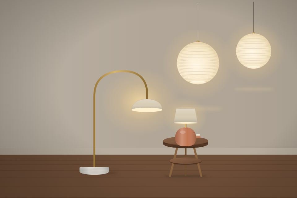 Paper pendants and an arc floor lamp glowing at dusk